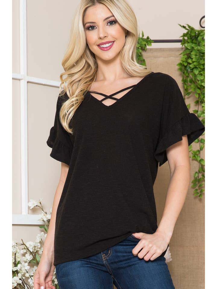 Orange Farm Clothing - Wholesale Blouse - Women's - Textured Ruffle Sleeve with X Detail- 2 Colors3