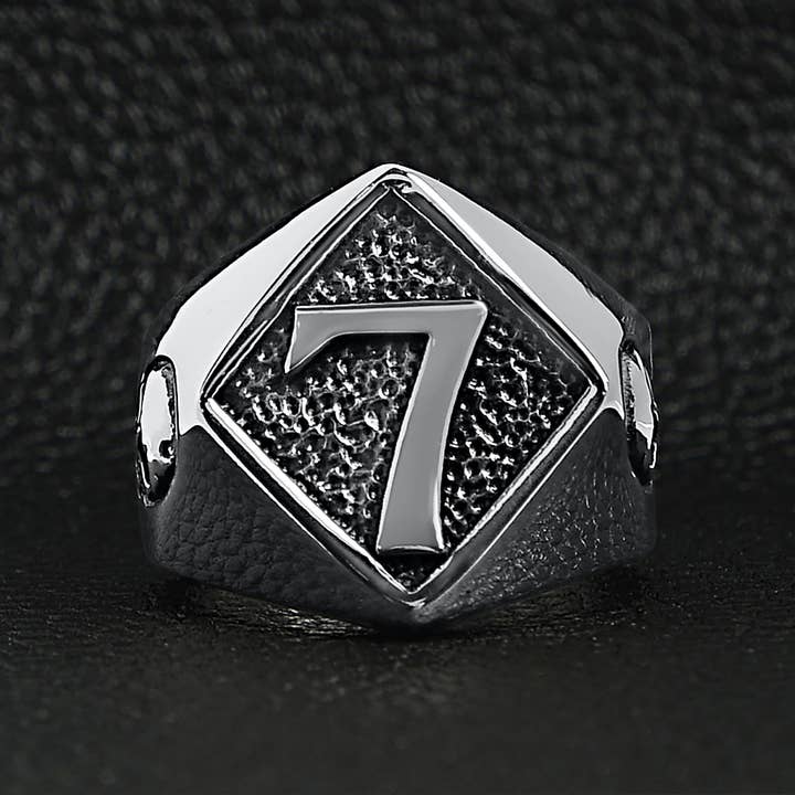 WJW - Wholesale Signet Ring - Stainless Steel Lucky "7" With Skull Accents Signet Ring