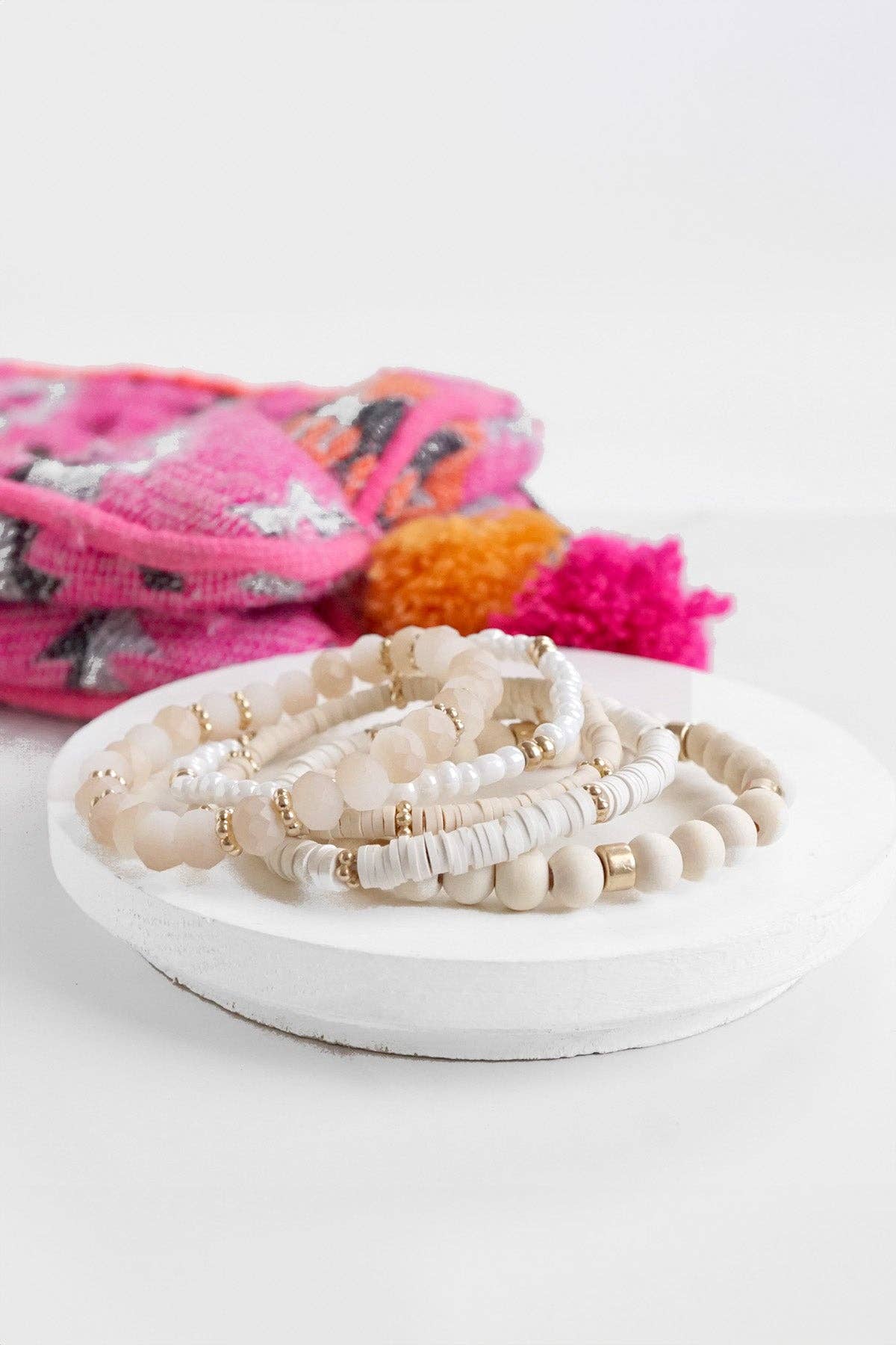 PennyLine inc - Wholesale Beaded Bracelet - Summer Fresh Neutrals stack clay glass wood beads bracelets set4