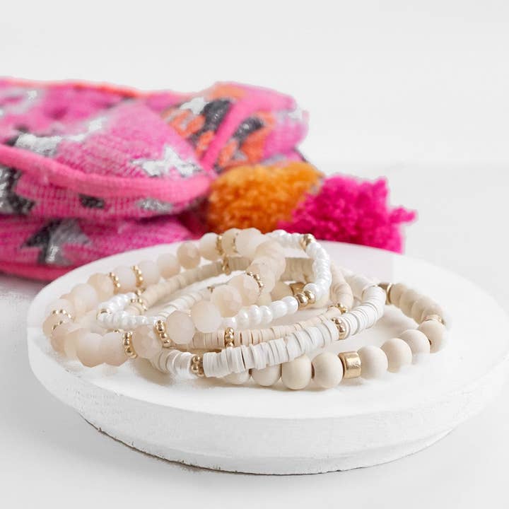 PennyLine inc - Wholesale Beaded Bracelet - Summer Fresh Neutrals stack clay glass wood beads bracelets set4