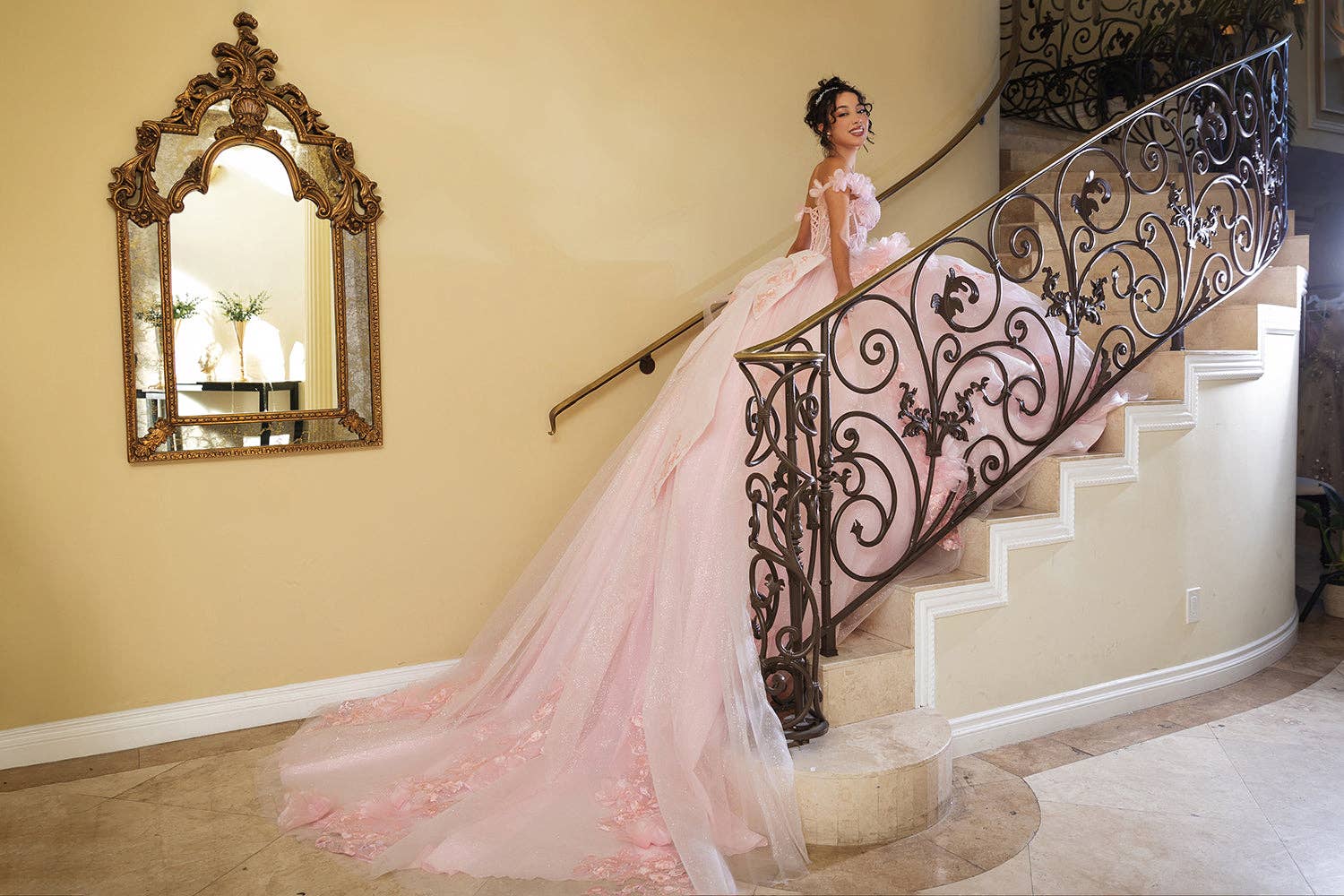 LA Merchandise - Wholesale Gown - Women's - LA270 Off-Shoulder Floral Applique Ball Gown with Glitter0