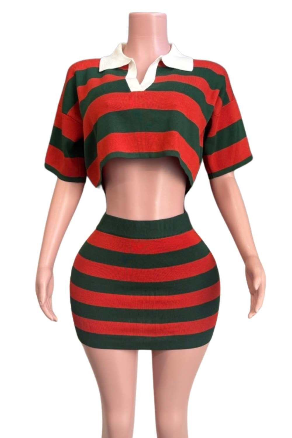 NEWGENS - Wholesale Activewear Set - Women's - NC2121A Striped Knit Polo Crop Top & Skirt Set4