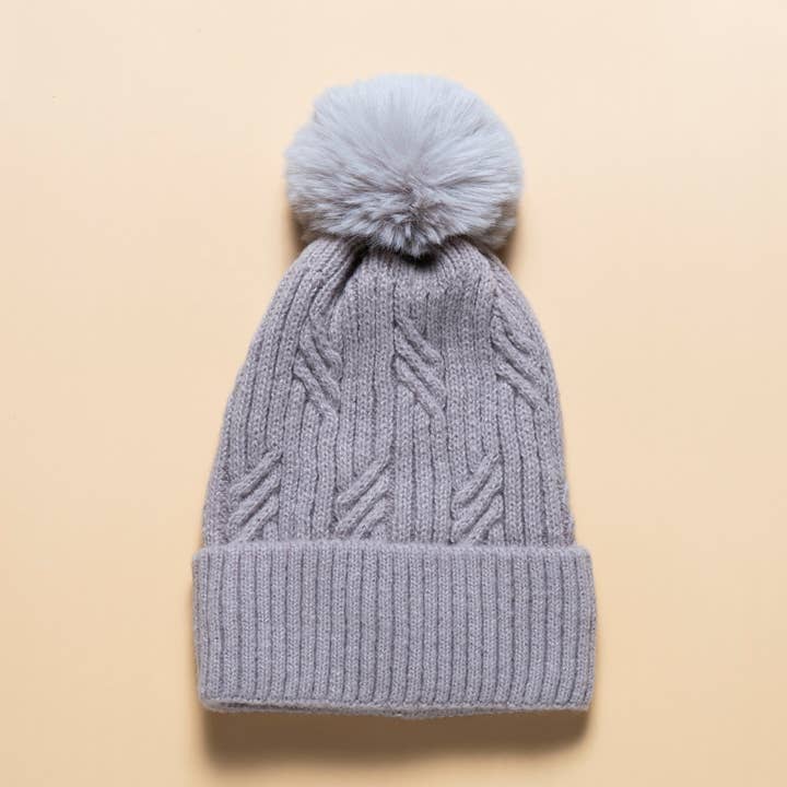 THSBE1016: Grey: (D) Braided Twist Pompom Beanie for wholesale by Taylor Hill Scarves & Co