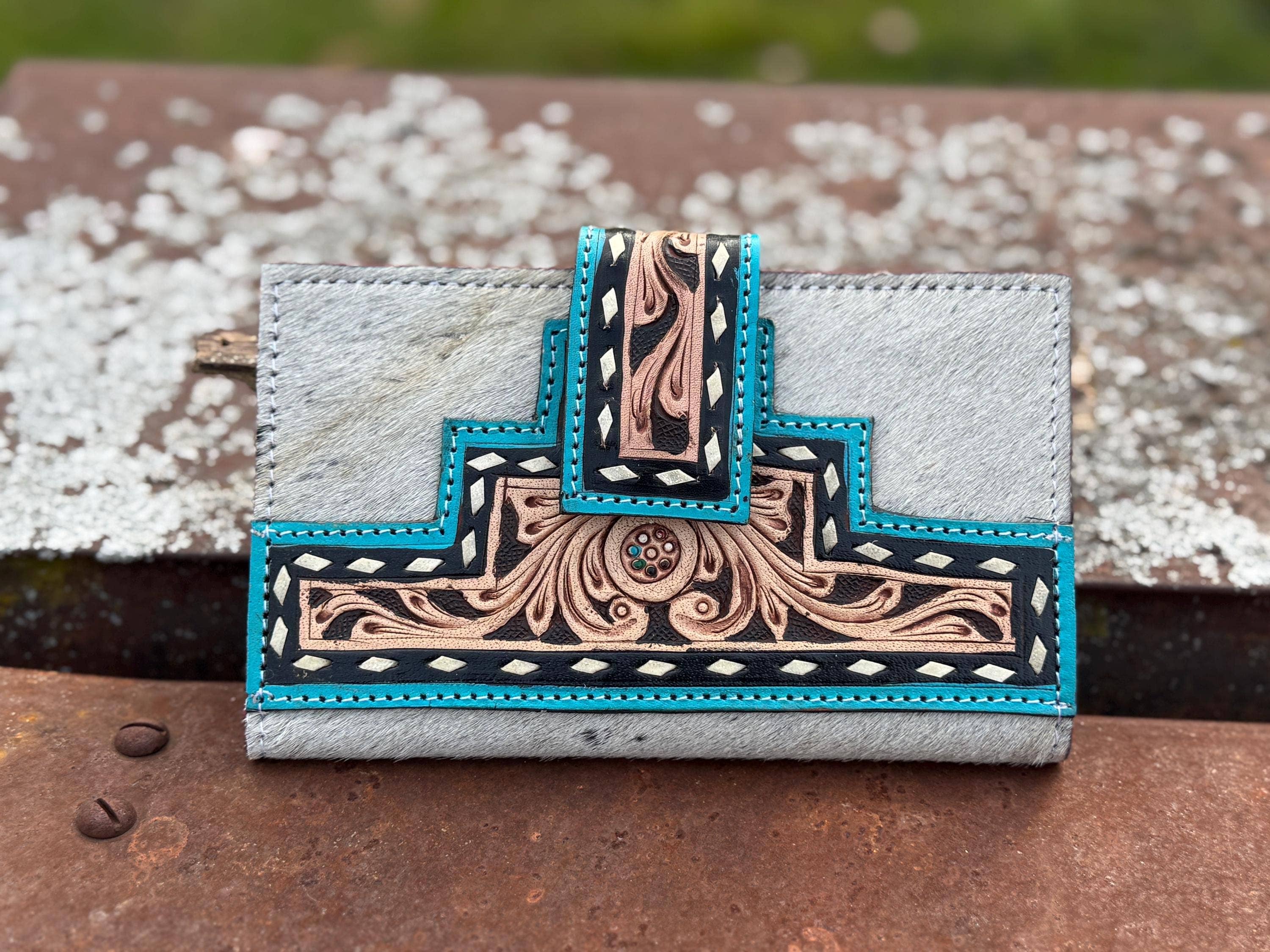 Double B Wild Rags - Wholesale Crossbody Bag - Women's - Black and Turquoise Genuine Western Cowhide Leather Purse with fringe by Double B Wild Rags6