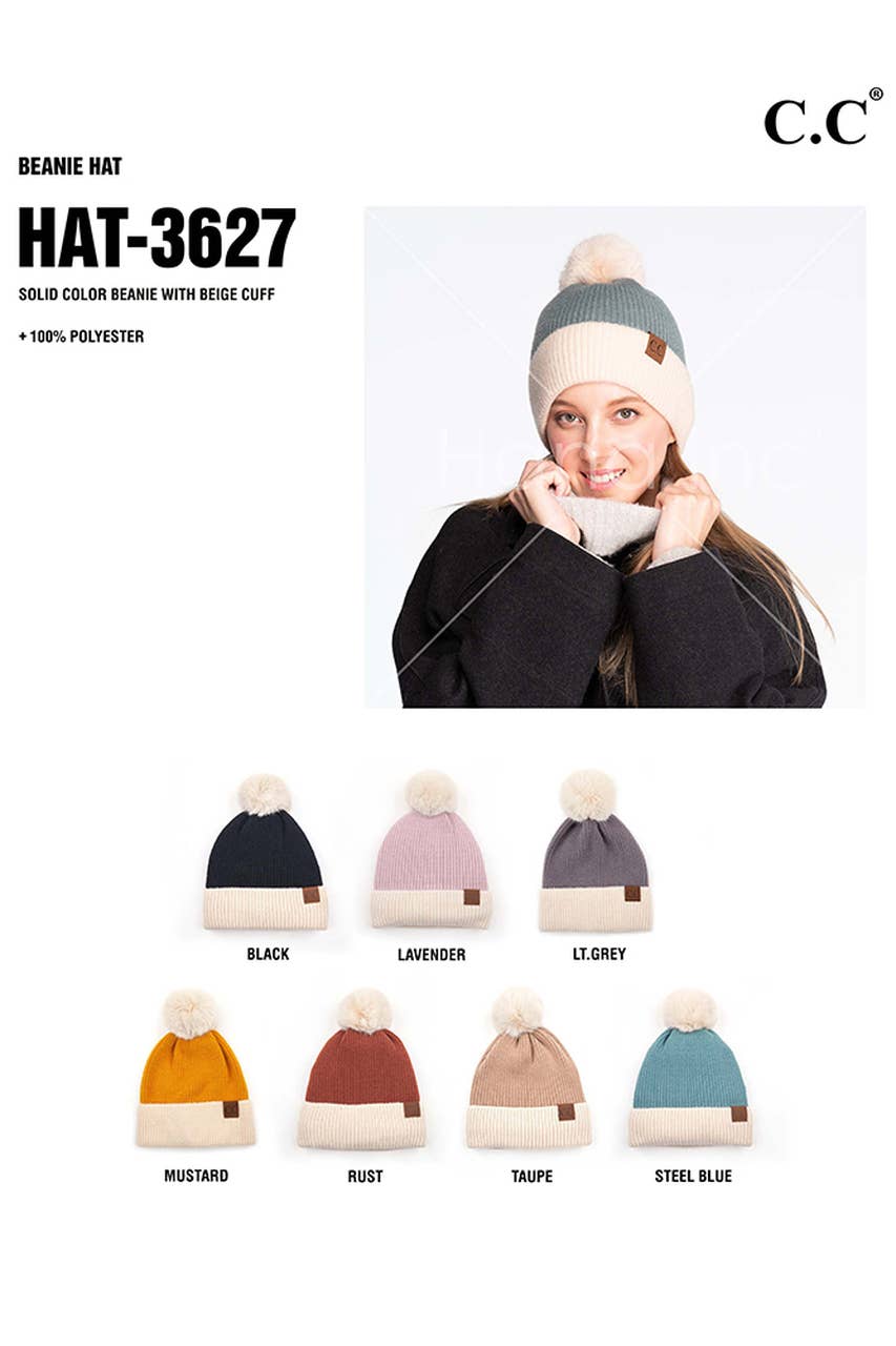 Hana – Engroshandel Beanie - Dame – C.C ensfarvet Pom Beanie med Beige manchet7