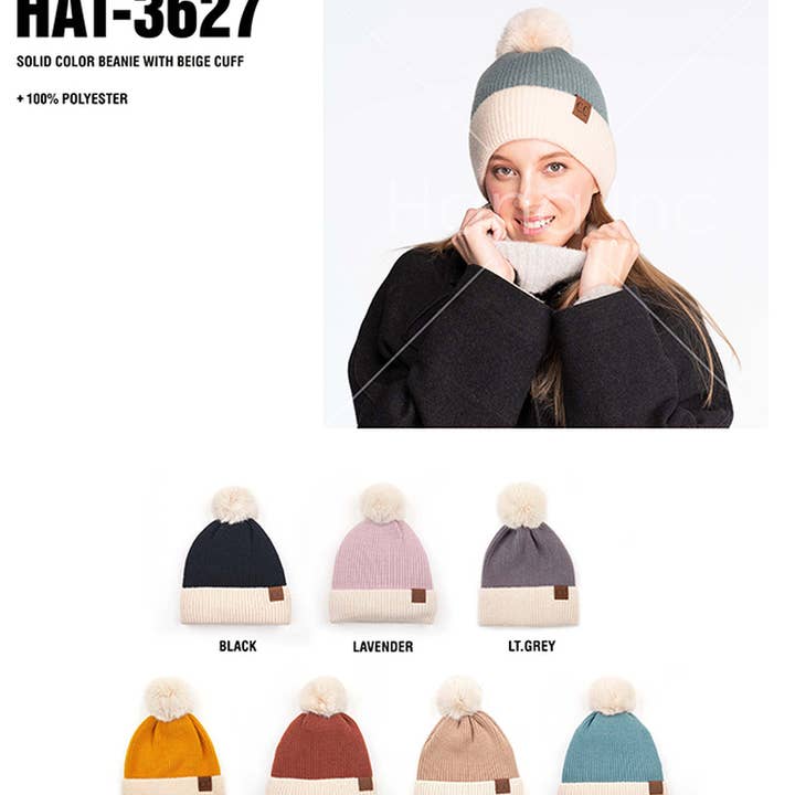 Hana - Wholesale Beanie - Women's - C.C Solid Color Pom Beanie With Beige Cuff3