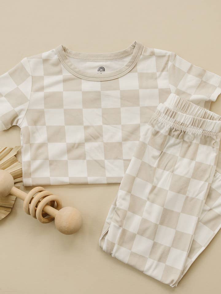 Little Joy Co. - Wholesale Sleepwear Set - Kids - Neutral Checker 2pc Bamboo Pajamas Toddler Boy PJs Set Check