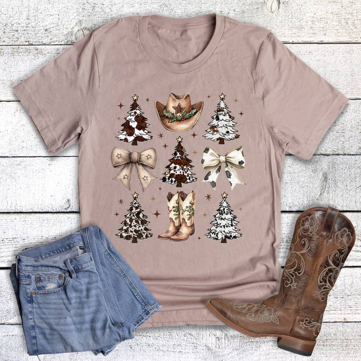 T-shirt graphique avec nœuds coquette vache de Noël occidentale pour la vente par The Way Down South