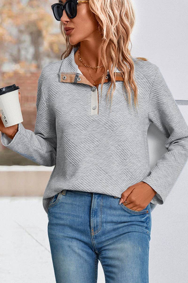 LIGHTGREY WOMEN BUTTONED HIGH NECK PLAID BLOCK PULLOVER TOP_CWTBLL0169 for wholesale on Faire2