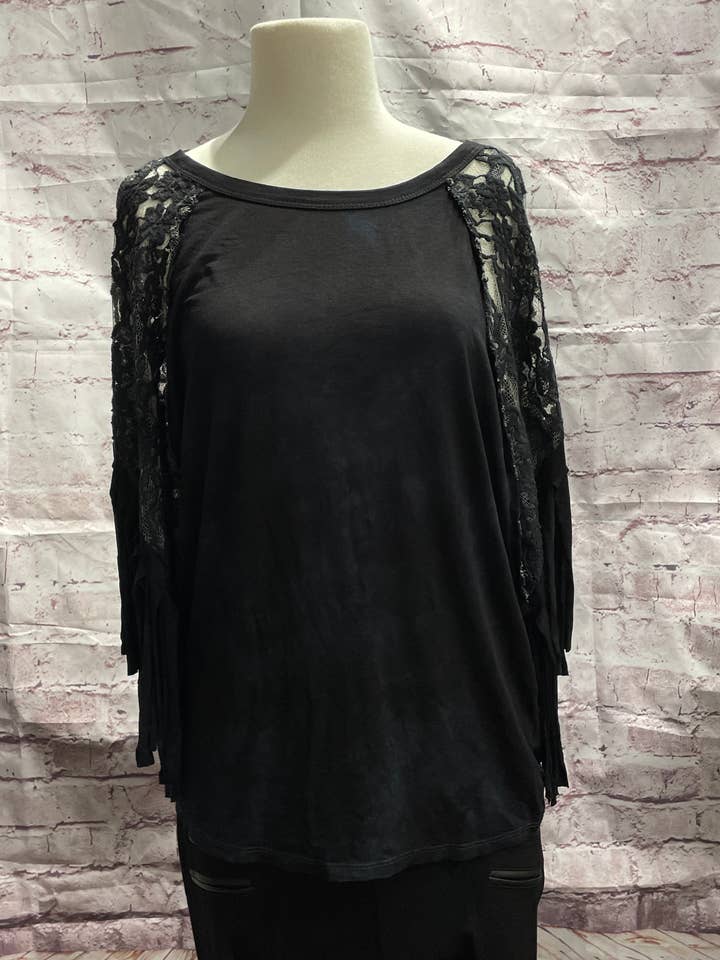 Black Crew Neck Top with Raglan Sleeves in Lace and Fringe for wholesale by LeParisPetit by I Love Linen