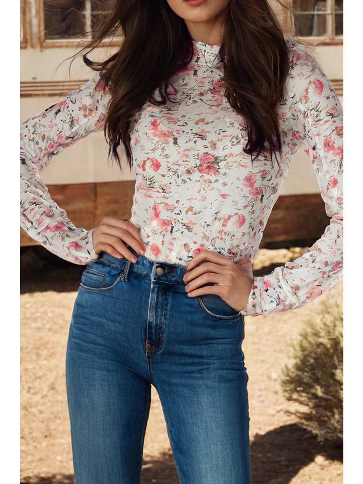 fashionworks - Wholesale Blouse - Women's - Fashion-W Floral Long Sleeve Mock Neck Sheath Mesh Blouse4