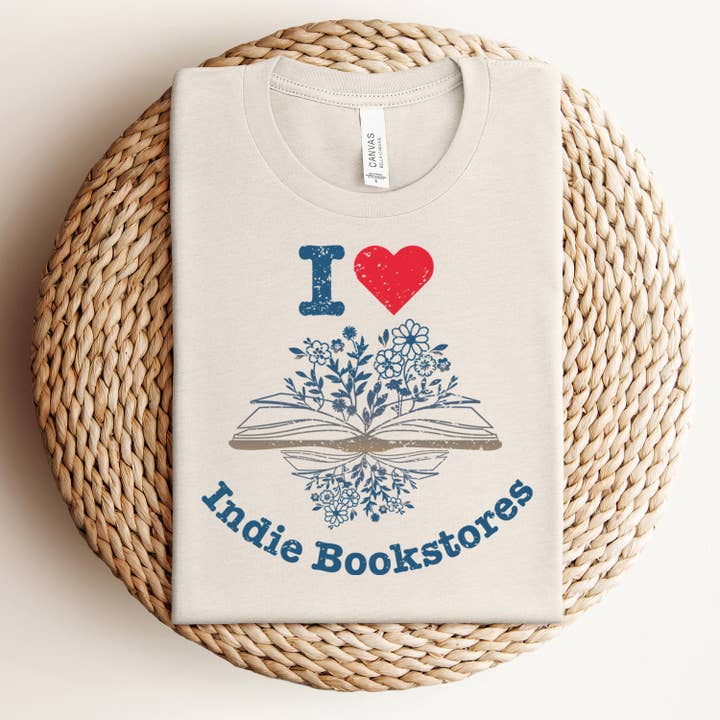 The Obstinate Octopus - Wholesale Screen Printed T-Shirt - Unisex - "I Love Indie Bookstores" Floral Tee5