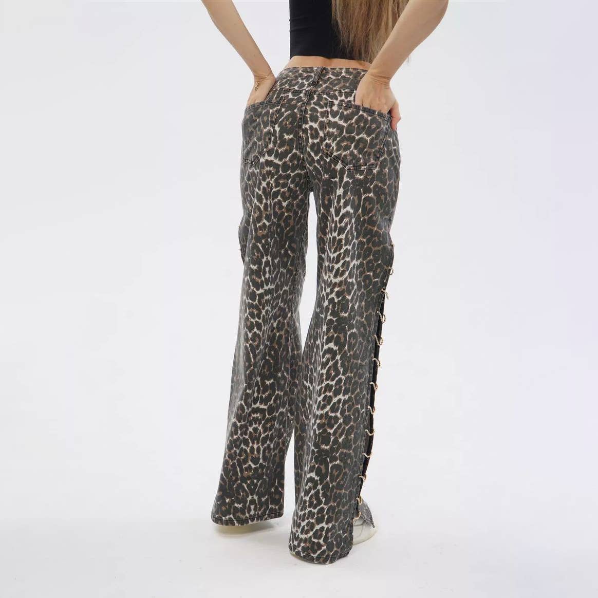 Luipaard Jeans met luipaardprint voor dames, losse, lage taille, zijsplit, casual voor groothandel op Faire7