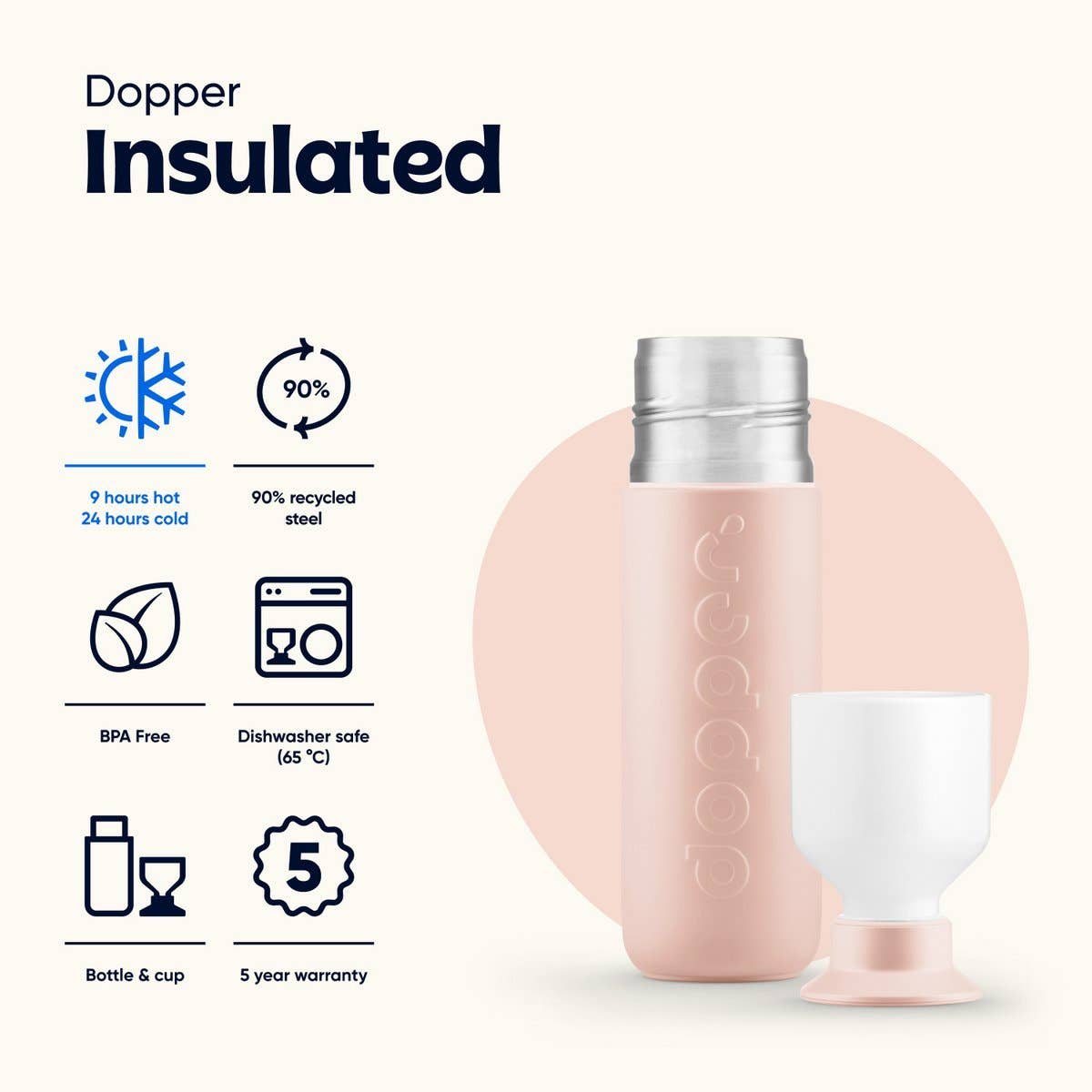 Dopper - Wholesale Insulated Mug/Tumbler - Dopper Insulated Thermos Bottle Pebble Peach 350 ml2