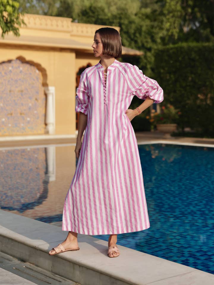 Positano Kaftan in Pink Cabana Stripe for wholesale by Maison Marigold