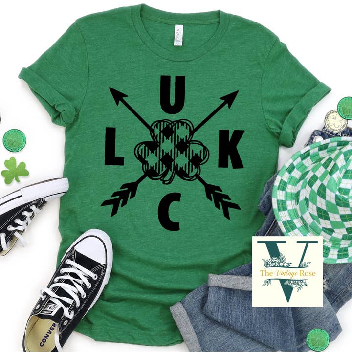 Luck Plaid Clover and Arrows Graphic Tee for wholesale by The Vintage Rose