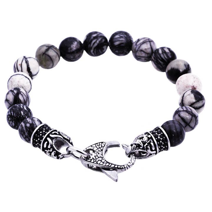Mens Genuine Silver Leaf Jasper Beaded Bracelet for wholesale by Blackjack Mens Jewelry