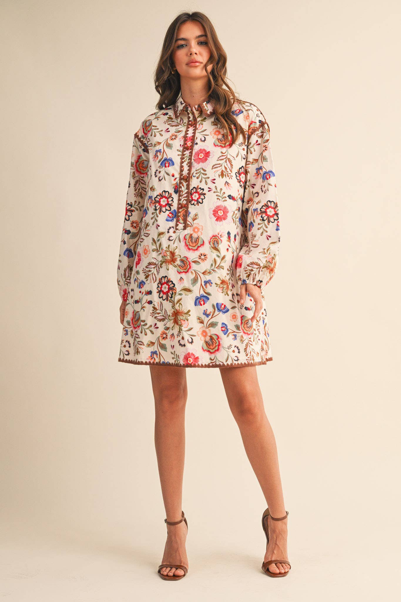 &MERCI - Wholesale Dress - Women's - EXCLUSIVE PRINT BLANKET STITCH BUTTONED MINI DRESS MDR429813