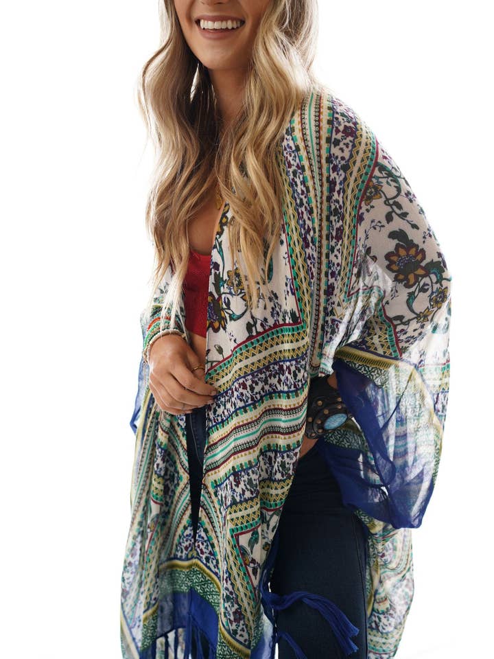 Three Bird Nest - Wholesale Kimono - Women's - Riviera Border Print Kimono - Blue