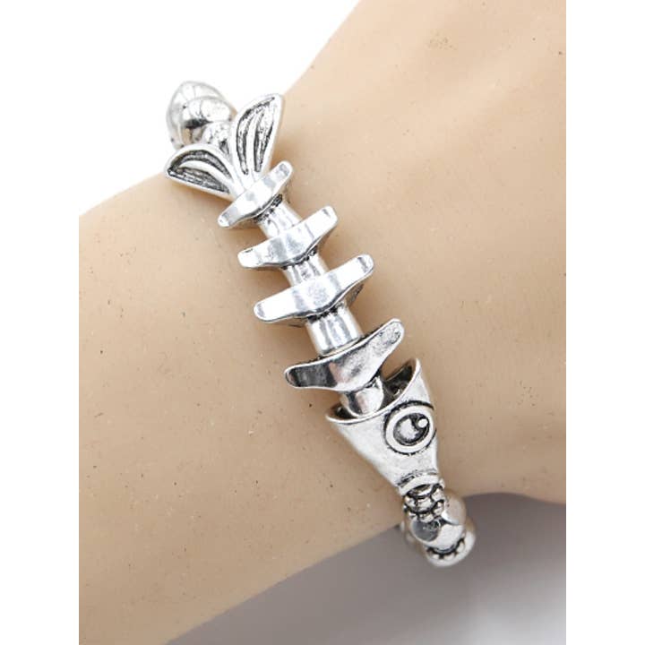 Bracciale elastico a scheletro di lisca di pesce in argento brunito FR6887 per la vendita all'ingrosso da parte di 0011 PREMIERE