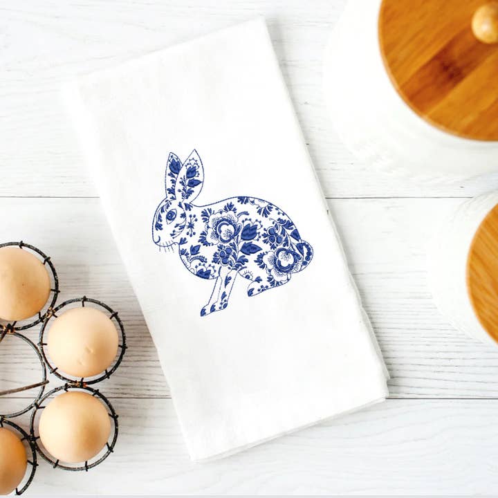 Sweet Humble Home - Wholesale Tea Towel - Embroidered Easter Tea Towel Chinoiserie Bunny 1