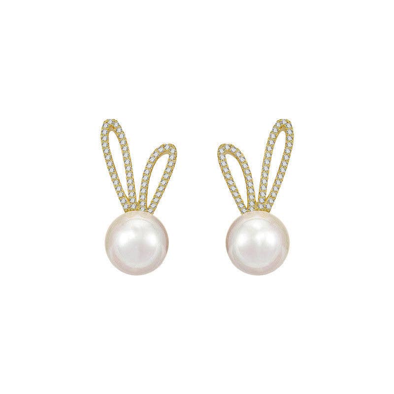 Perimade & Co. LLC - Wholesale Stud/Post Earrings - Dainty Cute Bunny Rabbit Pearl Stud Earrings in Solid Copper3