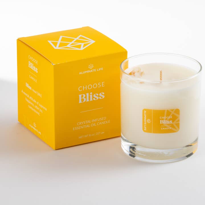 Bougie Infusée de Cristaux Bliss 8 oz – Coup de Pouce Joie & Positivité pour la vente par Aluminate Life