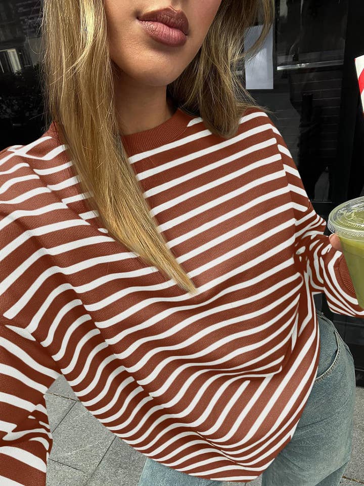 Coffee Striped Long Sleeve Round Neck Loose Top for wholesale by Lovesoft