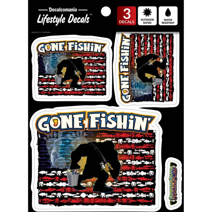 Gone Fishing Squatch Bigfoot Sasquatch Car Sticker Decal for wholesale by Decalcomania