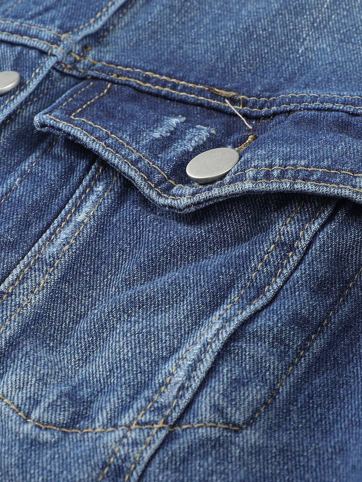 Blue Lapel Distressed Raw Hem Buttons Denim Jacket for wholesale on Faire13