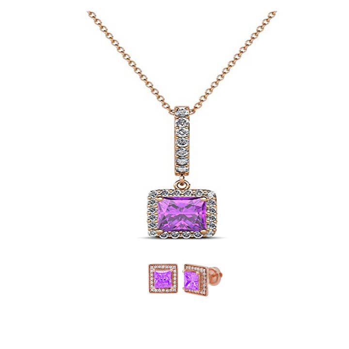 18K Rose Gold 2ct Halo Amethyst Square 18 Inch Necklace and Halo Earrings Set Plated for wholesale by Paris Jewelry