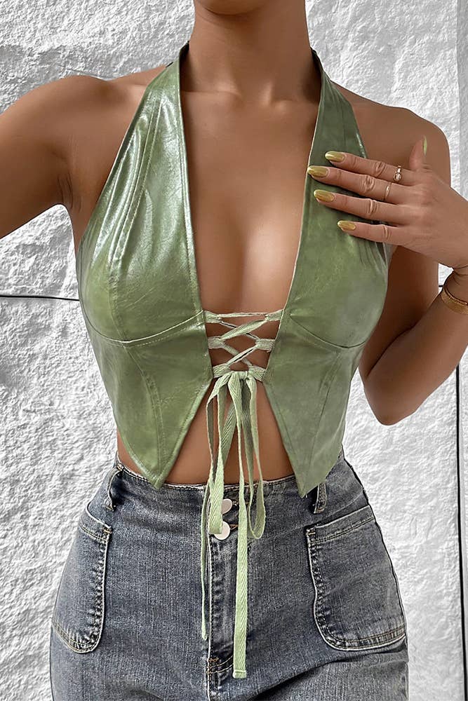 UNISHE - Wholesale Corset - Women's - Low Cut Cardigan Halter Tie PU Leather Corset Top GZCY076