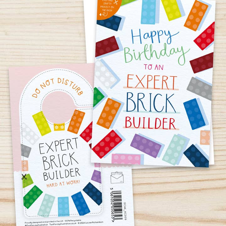 Two For Joy Illustration - Vente Cartes d'anniversaire - Carte d'anniversaire Expert Brick Builder avec Crafty Project