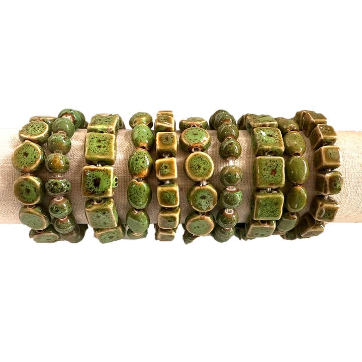 Green Clay Bead Stretch Bracelets - Assorted shapes for wholesale by Chloe & Lex