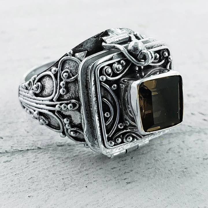 Gothic Square Smoky Quartz Poison Ring - Sterling Silver for wholesale by Silver Insanity