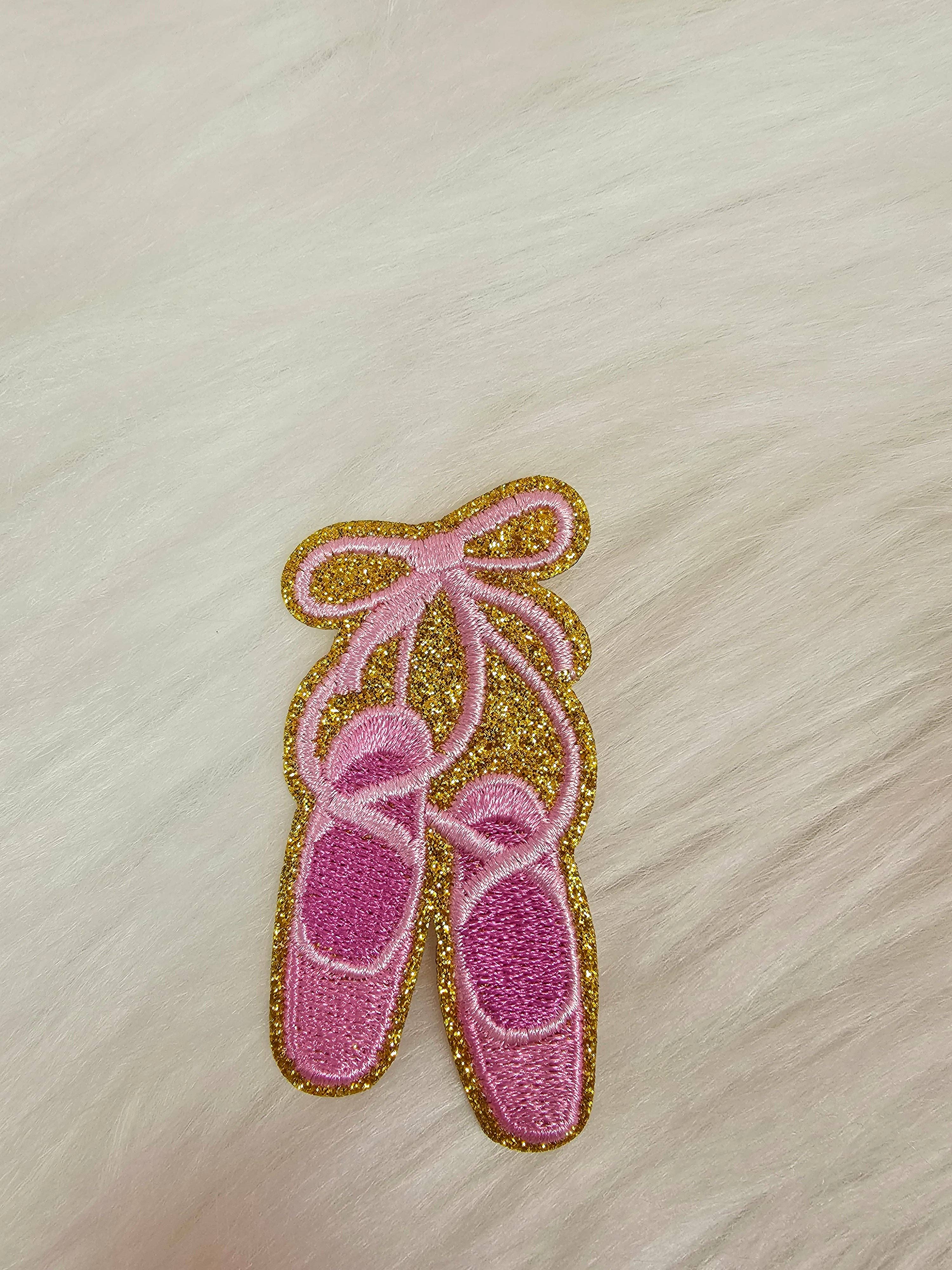 Scratch Decor - Wholesale Patch - Ballerina Dance Pointe Shoes Pink Ribbon Gold Glitter Embroidery Iron On Patch