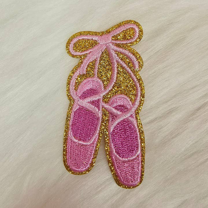 Scratch Decor - Wholesale Patch - Ballerina Dance Pointe Shoes Pink Ribbon Gold Glitter Embroidery Iron On Patch0