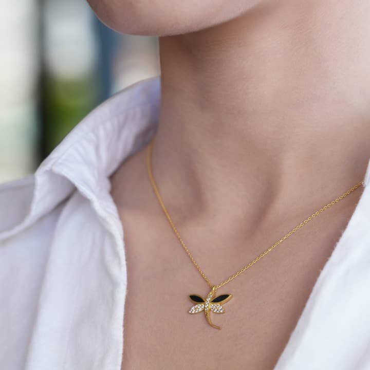 Dainty Enamel Dragonfly Sterling Silver Necklace for wholesale by ZEYZEY