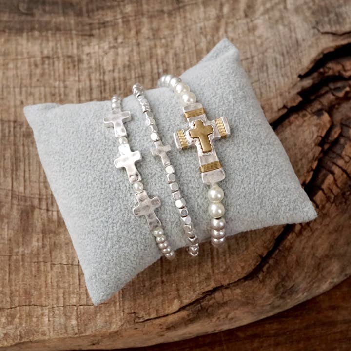 PennyLine inc - Wholesale Beaded Bracelet - Cross bracelets set in Worn Silver tone boho style