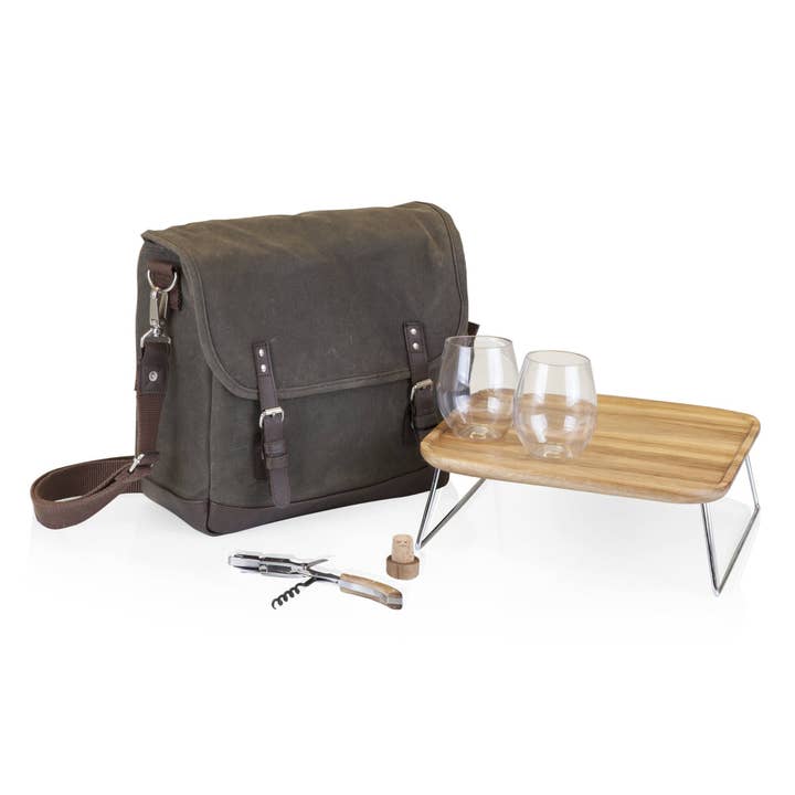 Adventure Wine Tote Bag with Wine Glasses and Mini Table for wholesale by Picnic Time Family of Brands