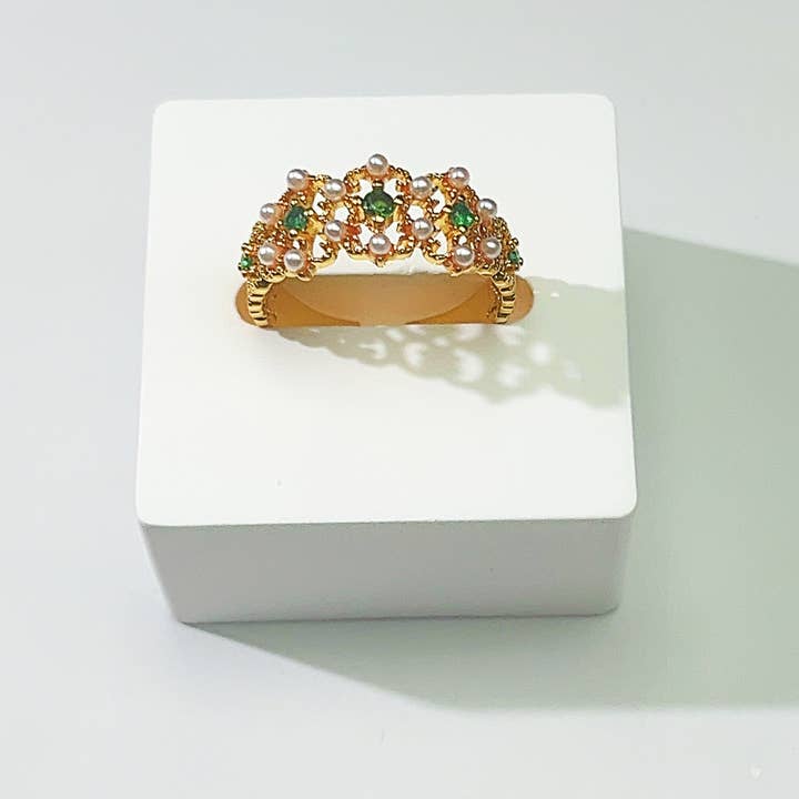 Engraved Lace Emerald & Pearl Ring for wholesale by Revelari