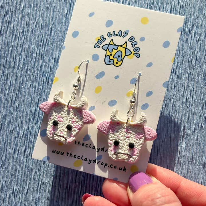 Textured Mini Cows - White & Pink for wholesale by The Clay Drop