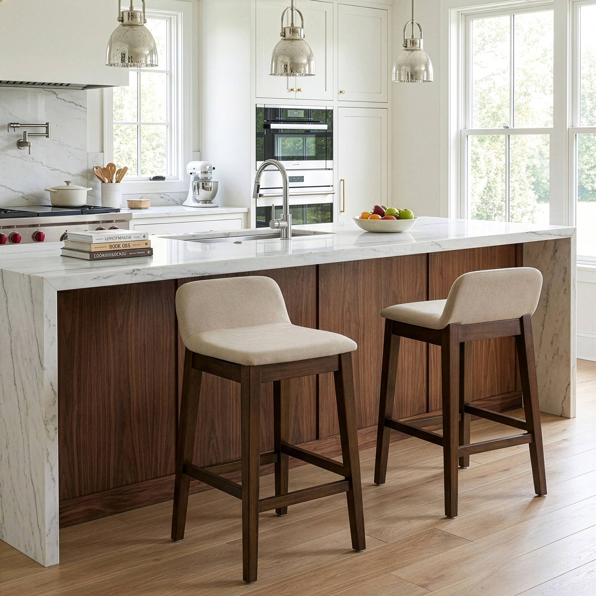 Glamour Home - Vente Tabouret - Ensemble de 2 tabourets de comptoir Atia en bois d'hévéa avec siège en tissu0