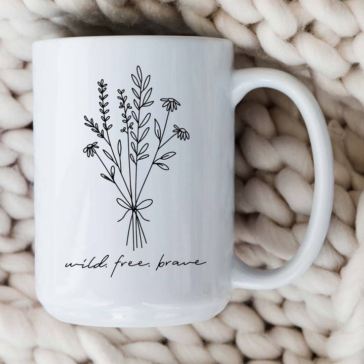 15 oz Wildflower Ceramic Coffee Mug, Wild Free and Brave Mug for wholesale by Amber Marie Design