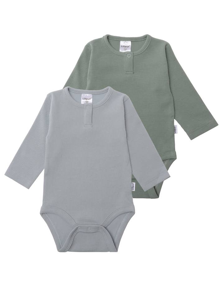 Conjunto de 2 bodies de malha canelada para bebê nas cores azul e vermelho por atacado de Liliput