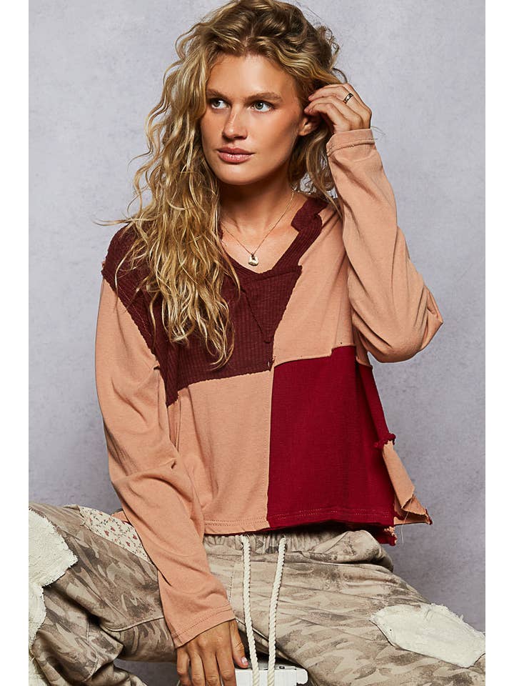 Pol Clothing - Wholesale Knit Top - Women's - Notched neck contrast fabric long sleeve top