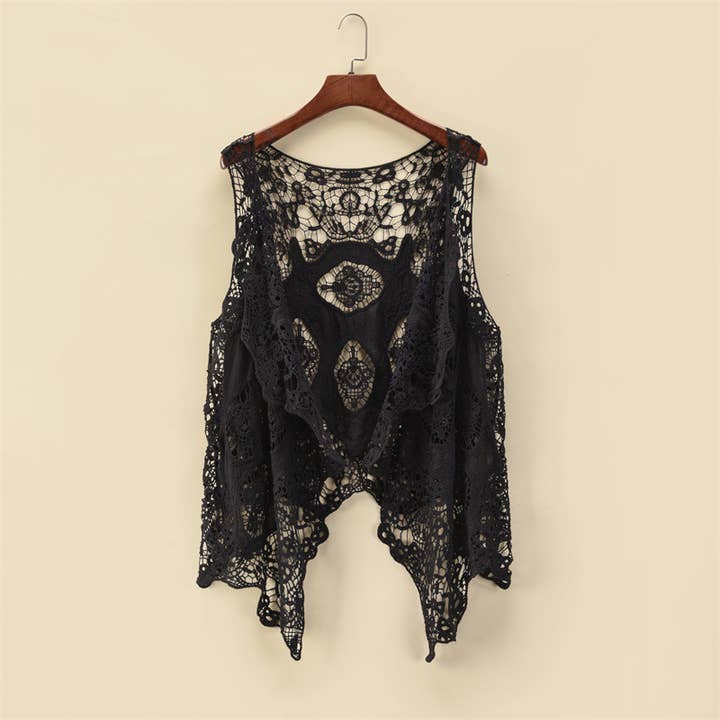 Rosa Clothing - Wholesale Cardigan - Women's - Sleeveless Hollow Jacquard Lace Cardigan1