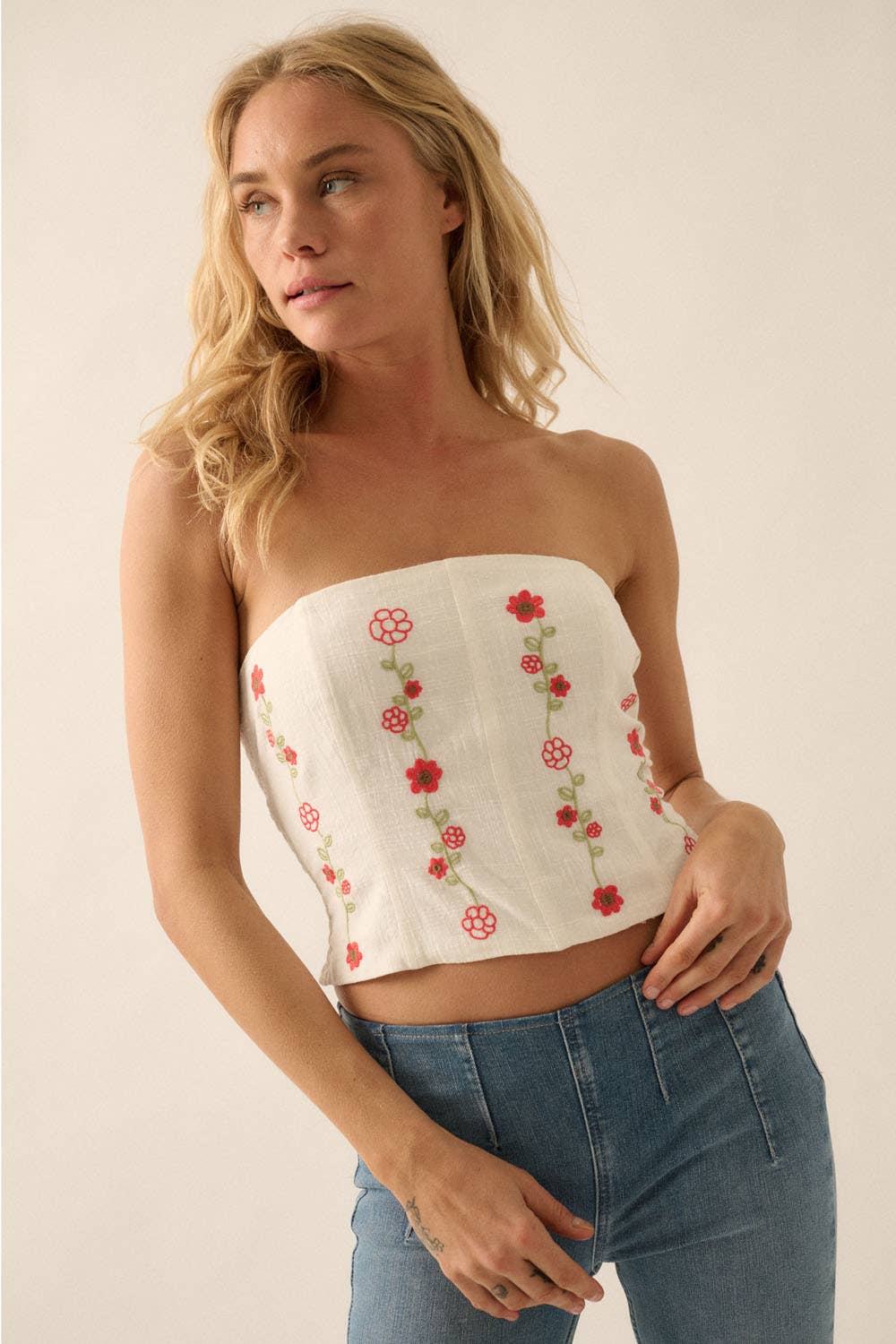 OFF WHITE Floral Embroidered Cotton Strapless Corset Top for wholesale on Faire2