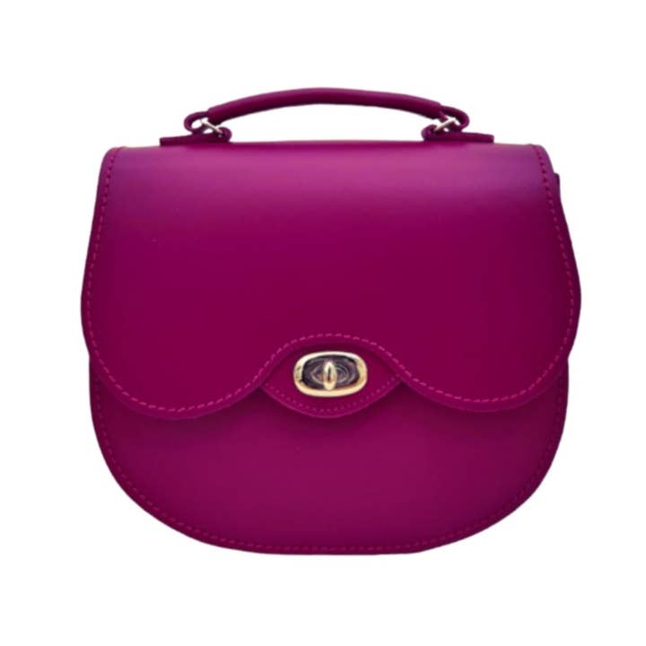 Zatchels - Wholesale Top Handle Bag - Women's - Handmade Leather Twist Lock Saddle Bag - Magenta