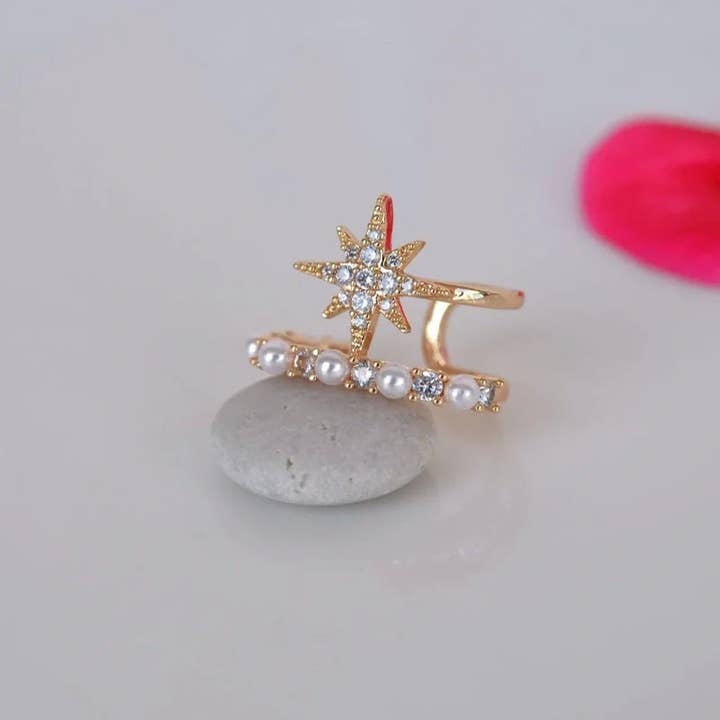 StockJWL – wholesale Cuff/wrap earrings – Mini Pearl Ear Cuff Compression Cartilage Earrings with Polar Star Detail1